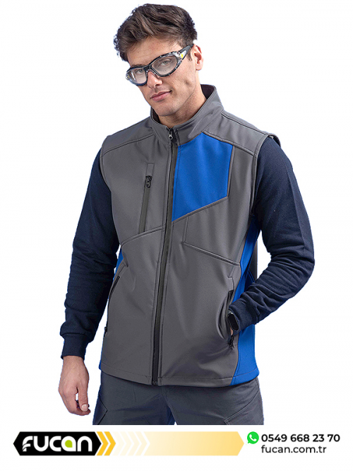 GRİ MAVİ PARÇALI SOFTSHELL YELEK